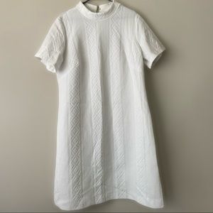 White Short Sleeved Fit and Flare Dress with High Round Collar